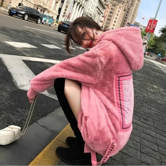 New Faux Fur Pink Teddy Velvet Plush Hoodie - Picture 4 of 16